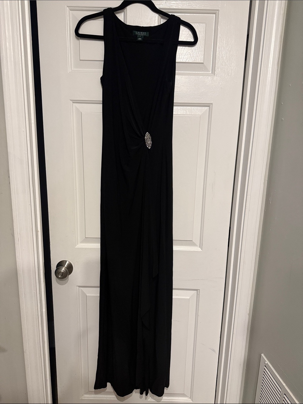 Lauren Ralph Lauren Black Sleeveless Maxi Dress with Brooch